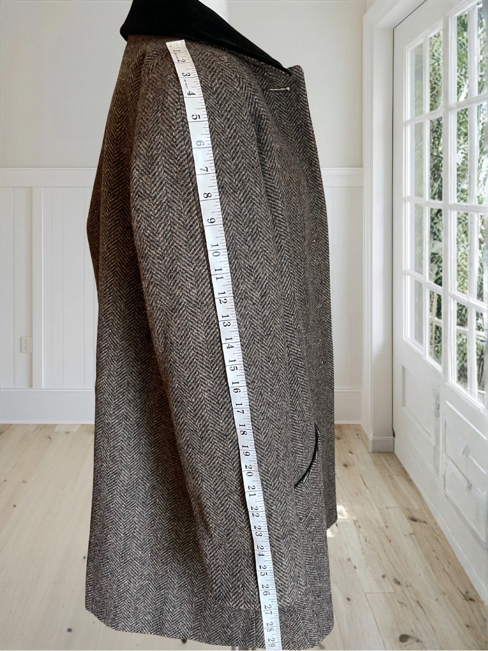 JONES NEW YORK Vintage Wool Tweed Velvet Collar Coat Women's L XL Herringbone 80 - Picture 11 of 16